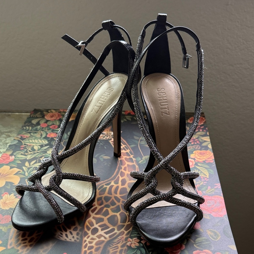 SCHUTZ Black and Silver Strappy Heels